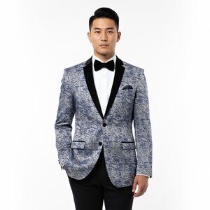 Men's Tuxedo Blazer Jacket By Tazio, Velvet Notch Lapel Silver/Blue